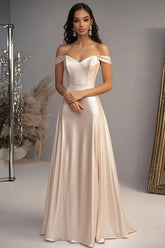 Elegantes Champagner A-Linie Schulterfreies Langes Ballkleid aus Satin